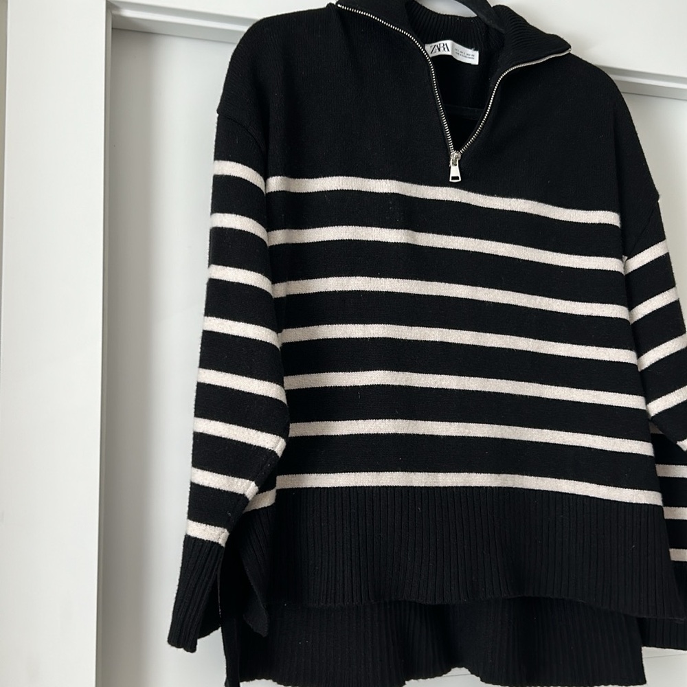 Zara Black and Cream Striped Cowl Neck Sweater